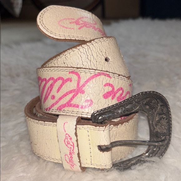 Vintage Ed Hardy Western Style White Leather“Love Kills Slowly” Belt, Size Small - Picture 3 of 16
